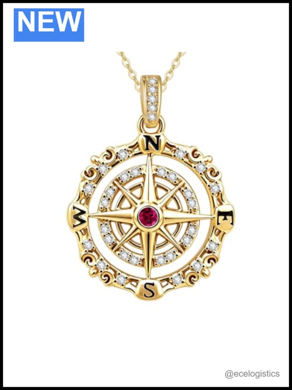 14K Gold Plated Compass Birthstone Necklace 18in Unisex Pendant Gift